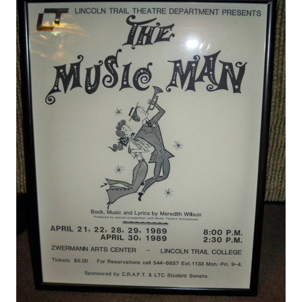 1989 The Music Man Framed Playbill Poster Lincoln Trail College Theatre Vintage